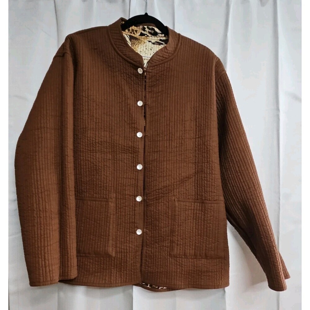 ORVIS Women Size XL Quilted Jacket Reversible Animal Print/Brown Button Up Boho - Picture 2 of 10